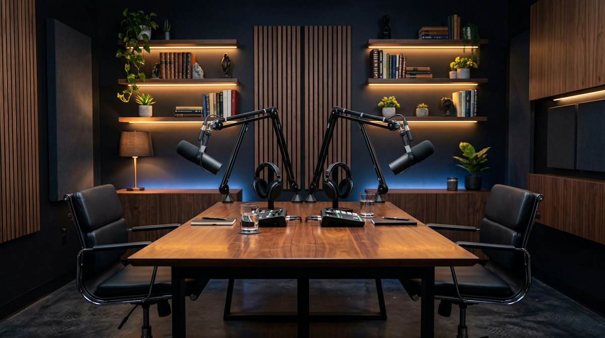 A podcast studio with two microphones on a wooden table