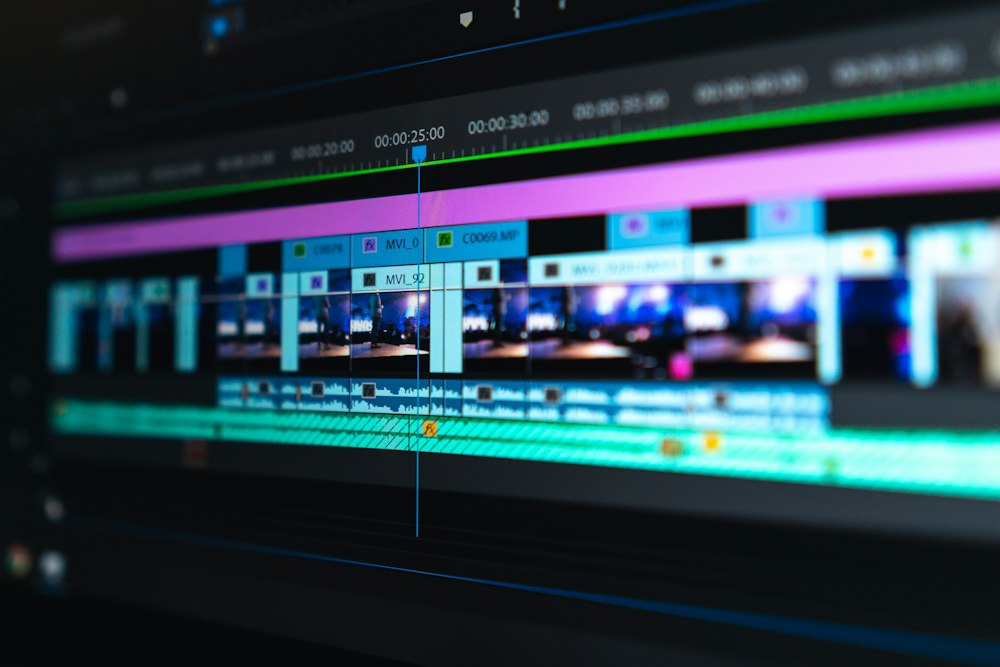 A video editing timeline on a dark screen